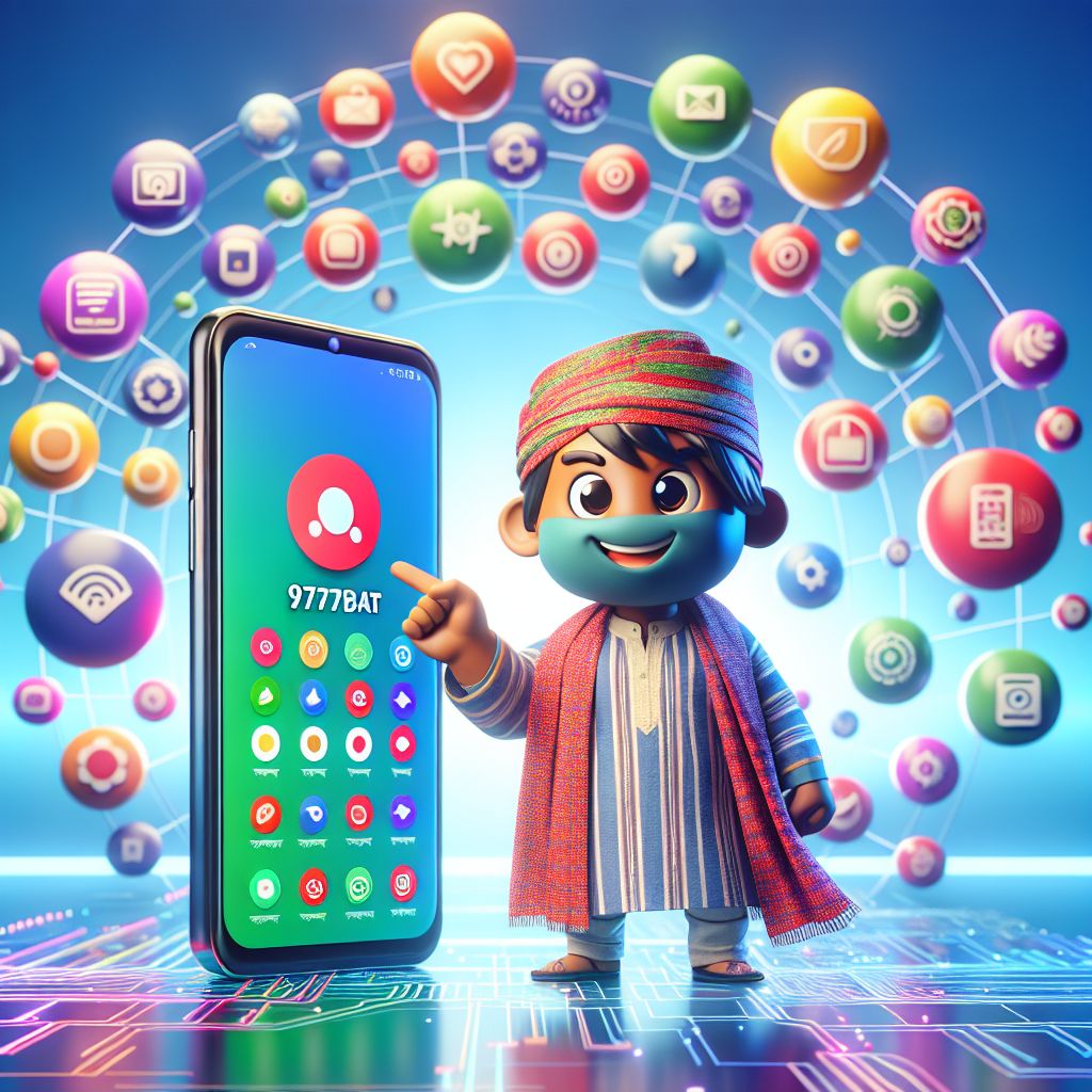 Cartoon character holding a smartphone with 9777bat app interface and floating icons