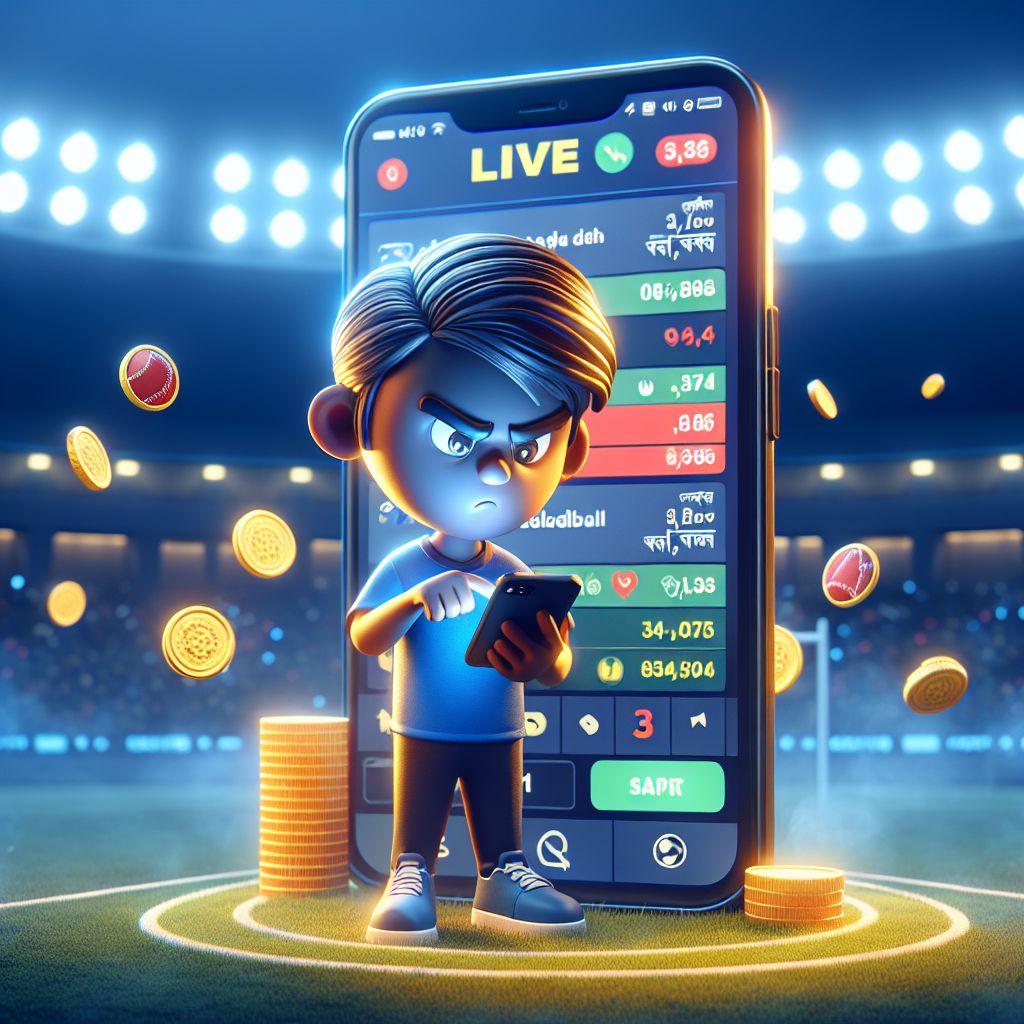 Cartoon sports bettor with a phone showing live odds, coins, and stadium lights
