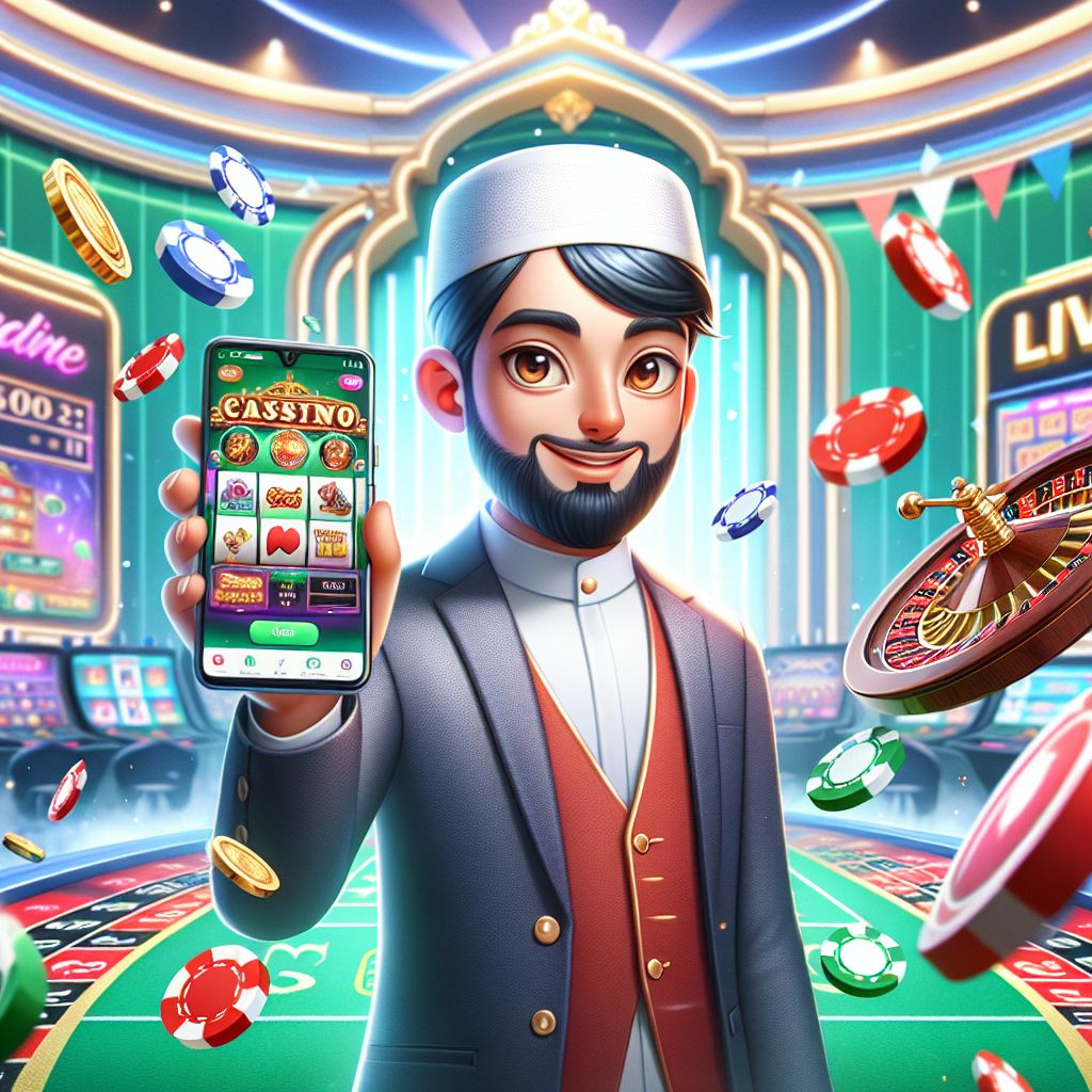 Cartoon casino host presenting slots and live tables with coins and cards in a Bangladesh-themed setting