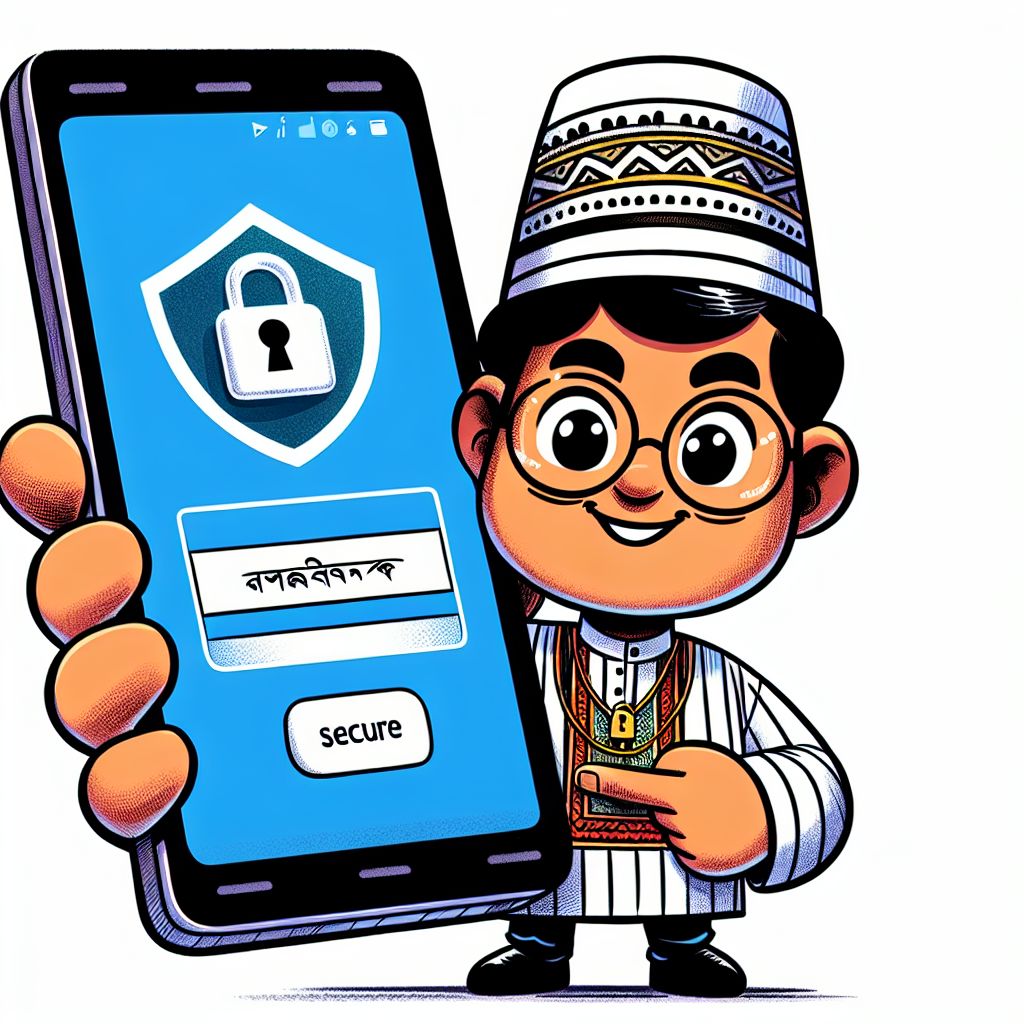 Cartoon character holding a phone with a secure login screen and shield icons
