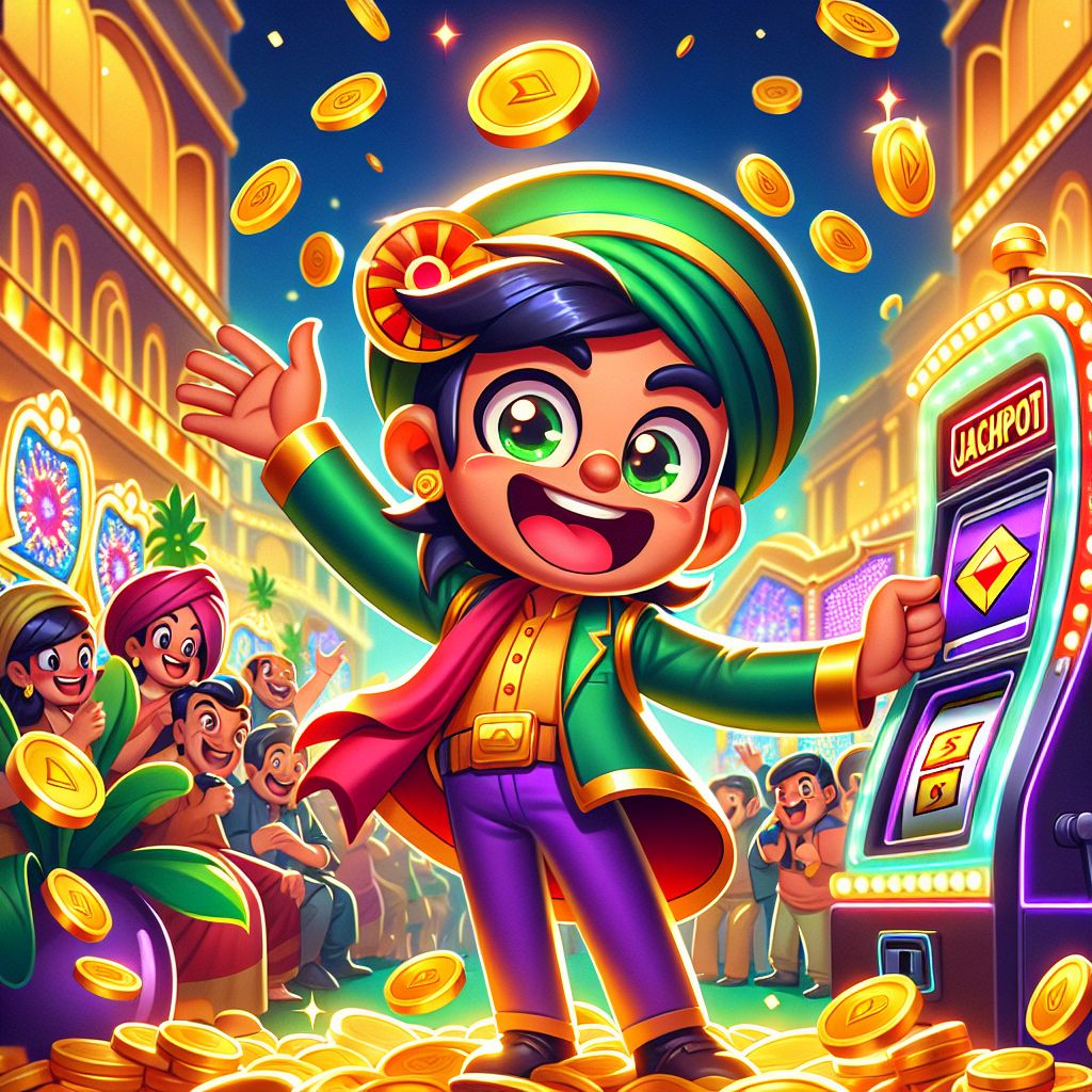 Cartoon slot hero character holding a spinning reel with coins and jackpot lights
